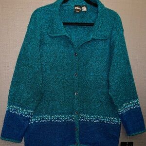 NWT Erika Button Closure Knit Cardigan Jacket Collar Turqoise Blue 1X